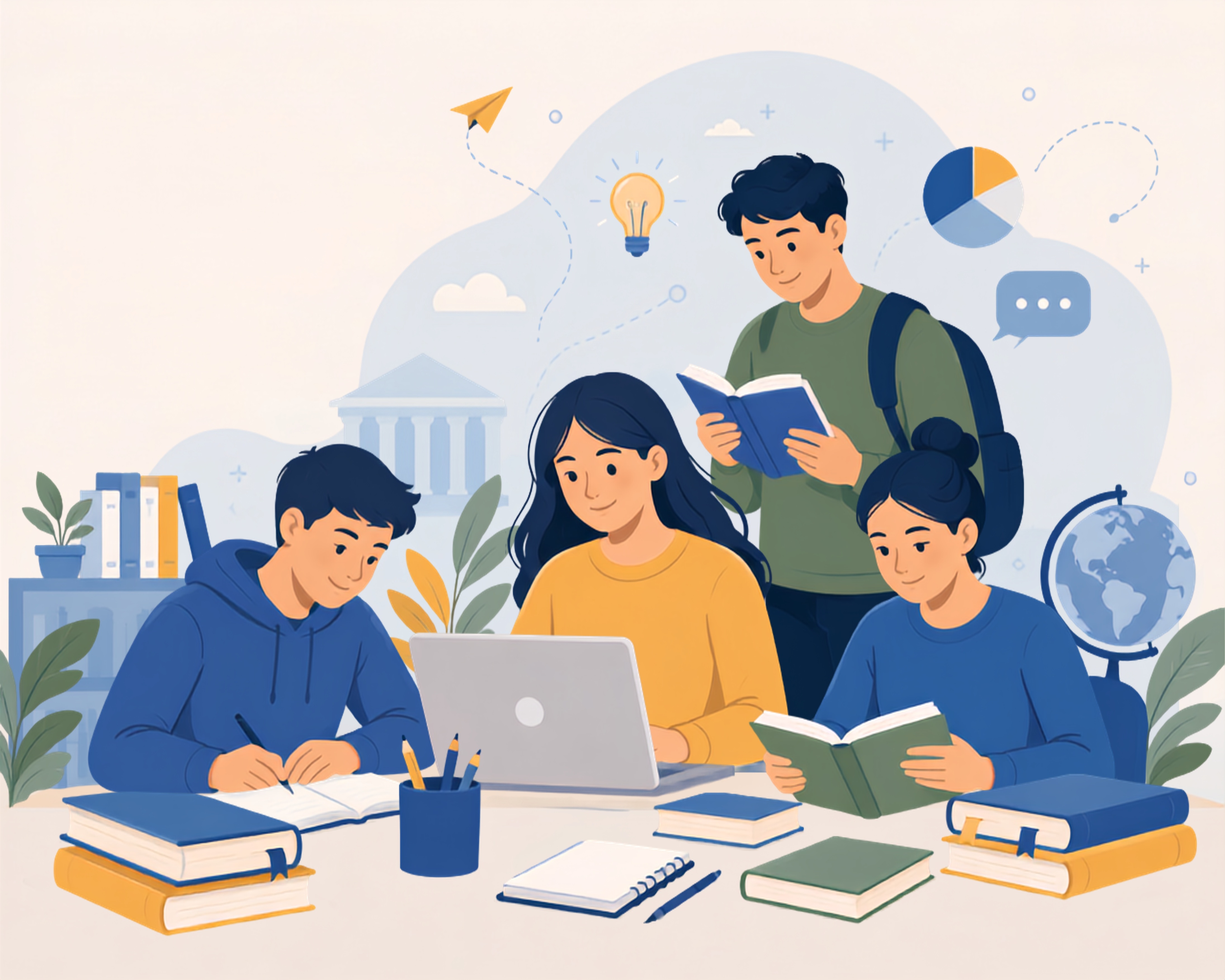 4 jovens em uma mesa fazendo trabalho juntos consultando livros anotando e registrando em computador