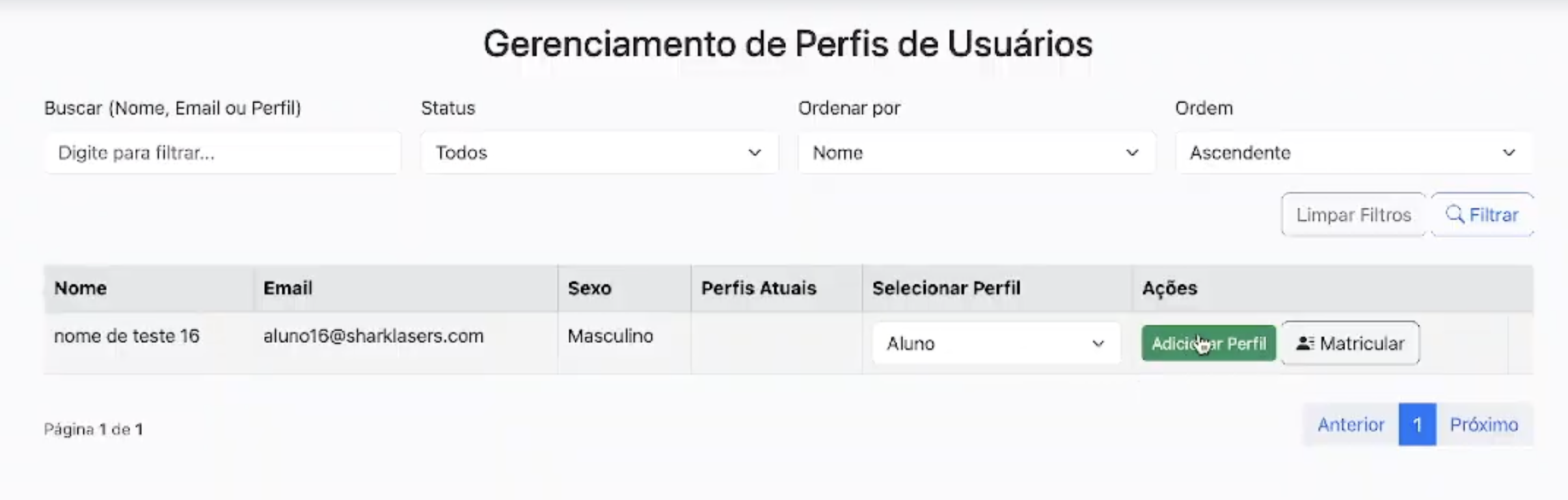 Selecione o perfil e clique em acicionar perfil.
